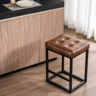 Button Tufted Open Frame Counter Stools, Yellowish Brown, 24 Inch