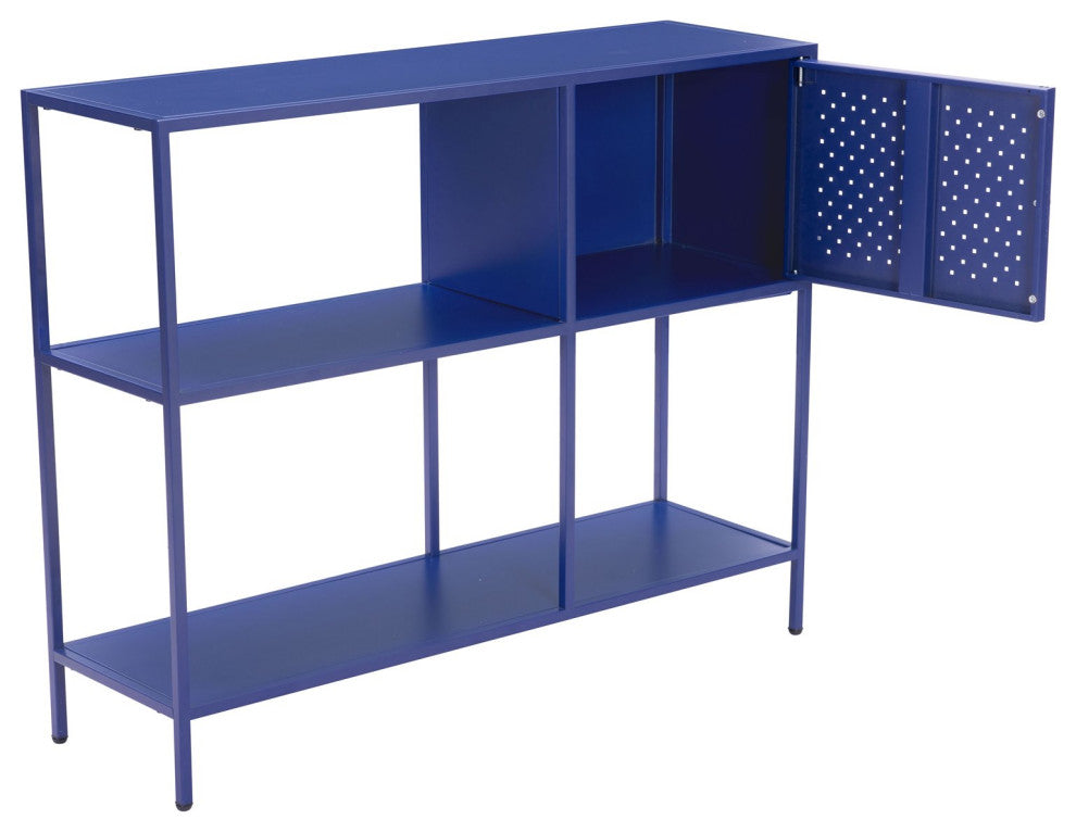 Bookcase Wall Shelf Rack, Steel Metal, Blue, Gold, Lounge Lobby Hospitality