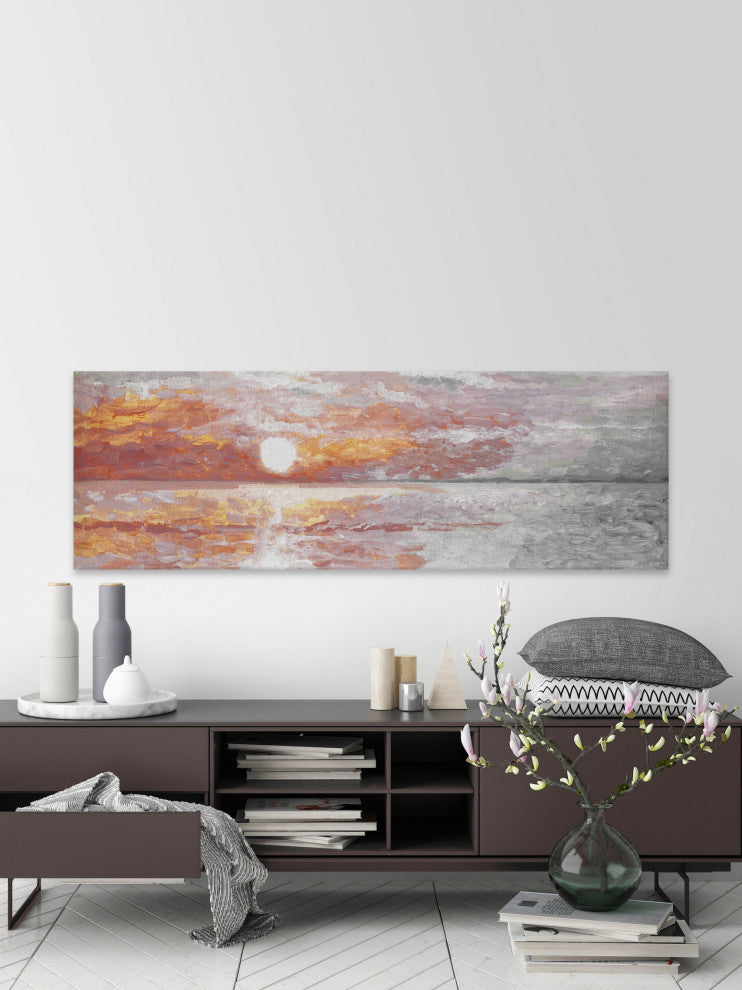 "Deep Red Sunset" Painting Print on Wrapped Canvas, 45"x15"