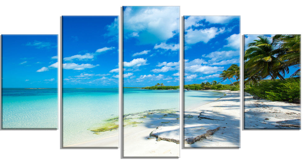 "Tropical Beach With Palm Shadows" Seashore Wall Art, 5 Panels, 60"x32"