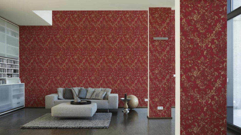 Damask Textured Wallpaper, Ornaments, 374131, Bordeaux Red Gold, 1 Roll