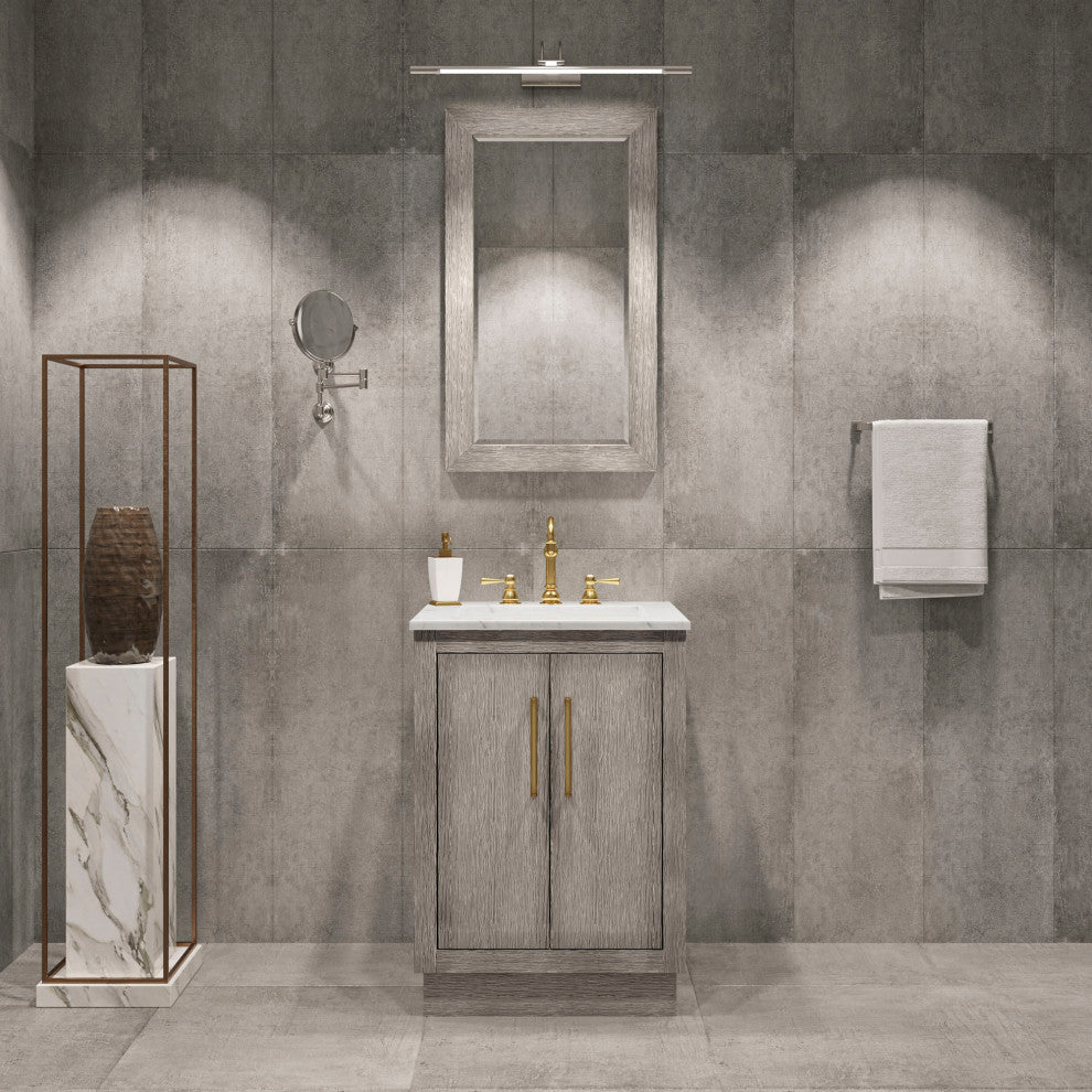 Hugo Carrara White Marble Countertop Vanity in Gray Oak, Satin Gold Hardware, 24", Vanity With Mirror