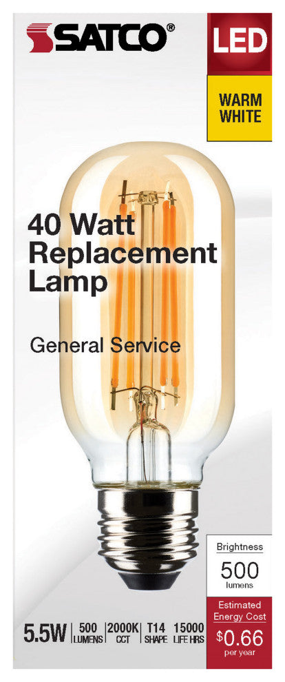 5.5W T14 LED, Clear, Medium Base, 2000K, 500 Lumens, 120V