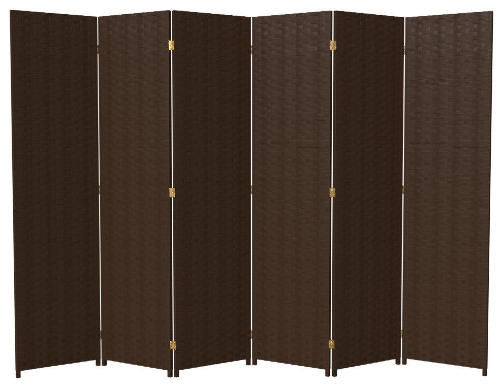 6' Tall Woven Fiber Room Divider, 6 Panel, Dark Mocha