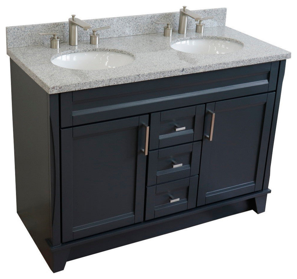 48" Double Sink Vanity, Dark Gray Finish With Gray Granite And Oval Sink