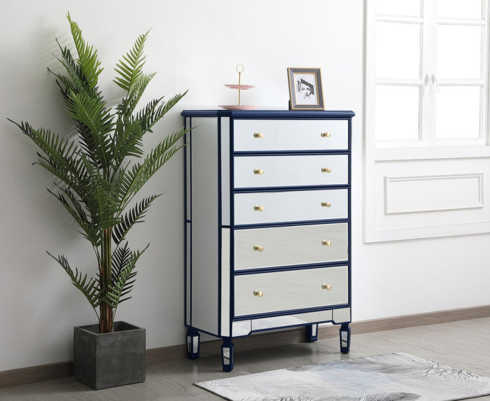Elegant MF6-1026BL 33"Mirrored 5 Drawer Chest, Blue