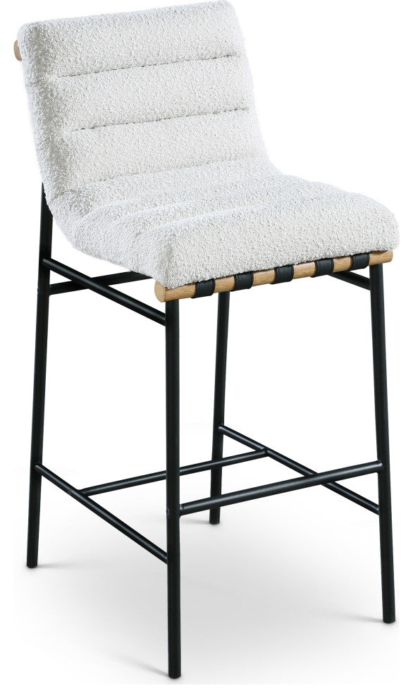 Burke Upholstered Bar Stool, Cream, Boucle Fabric, White Oak Veneer Metal Dowel