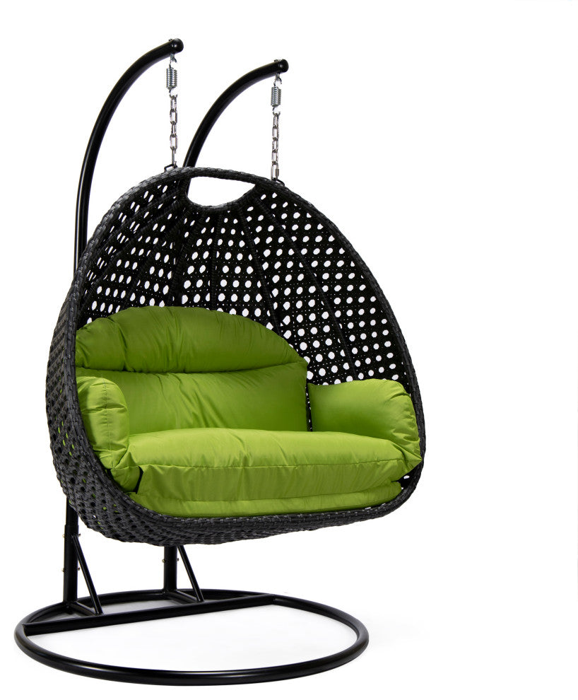 LeisureMod Mendoza Charcoal Wicker Hanging Double Egg Swing Chair, Light Green