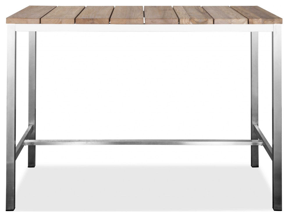 HomeRoots 55" X 27" X 42" Teak Wood and Stainless Steel Bar Table