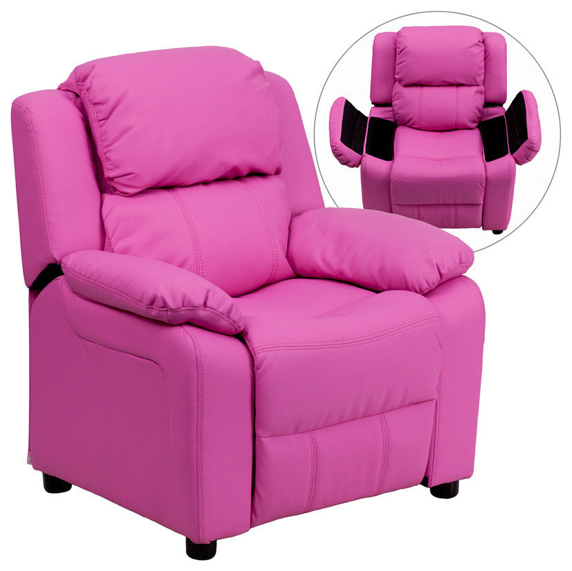 Deluxe Padded Contemporary Hot Pink Vinyl Kids Recliner With Storage Arms