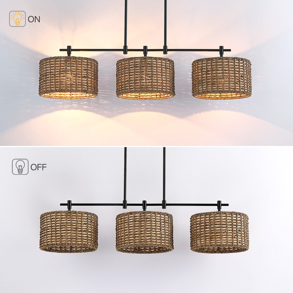 41"W 3-Light Black Farmhouse Rattan Island Light Linear Chandelier