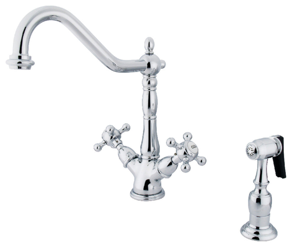 KS1231BXBS 2-Handle Kitchen Faucet, Brass Sprayer and 8" Plate, Polished Chrome