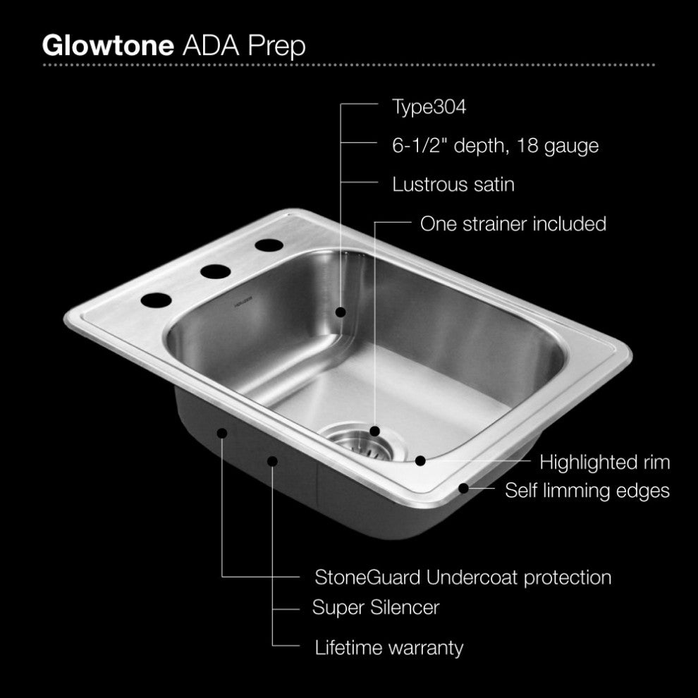 Houzer A1722-7BS Glowtone 17" Drop In Single Basin Stainless - Stainless Steel