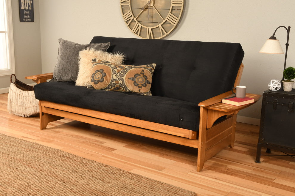 Mesa Frame Futon With Butternut Finish, Butternut, Suede Black