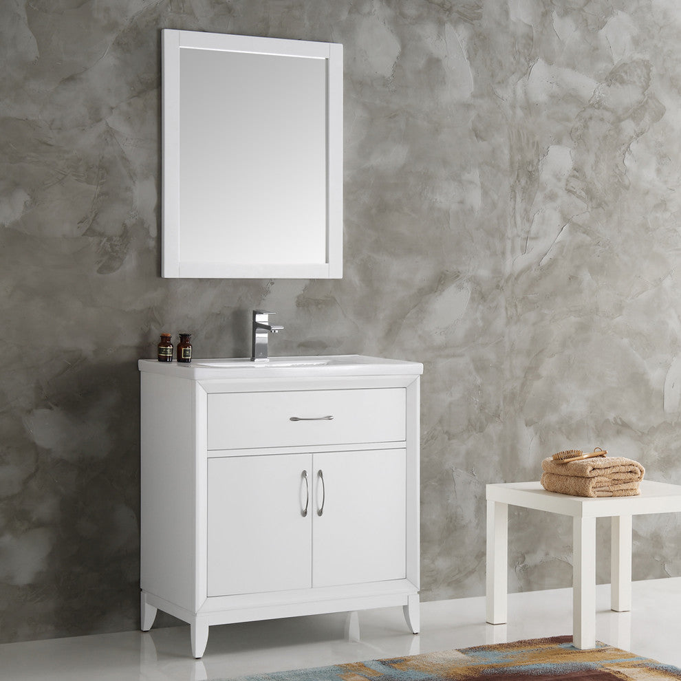 Cambridge 30" White Traditional Bathroom Vanity With Mirror, FFT1030BN