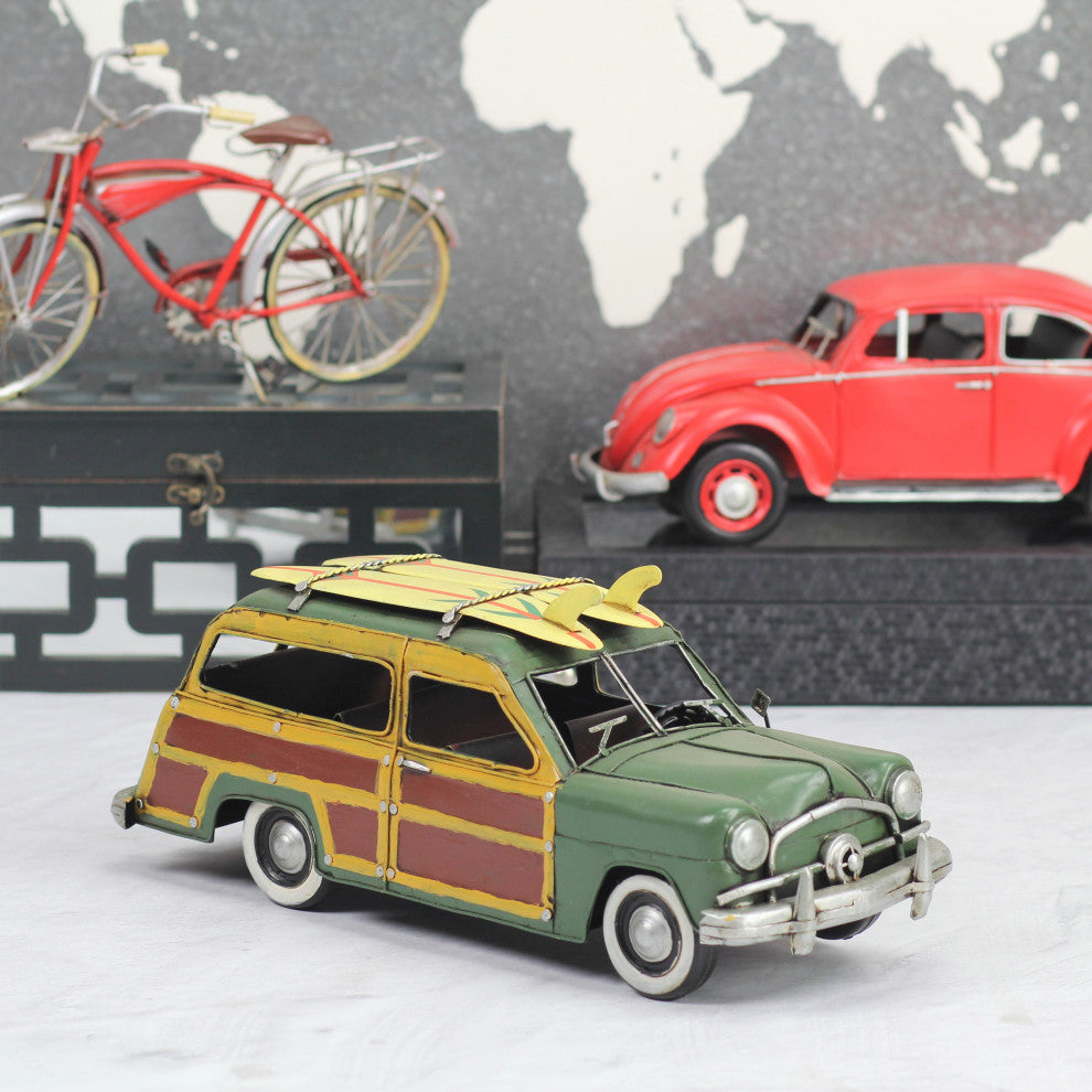 Mini Woody Car With Surfboard Circa 1949, Green