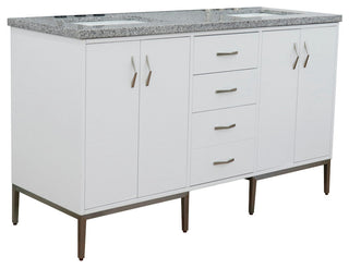 61" Double Sink Vanity, White Finish With Gray Granite And Rectangle Sink