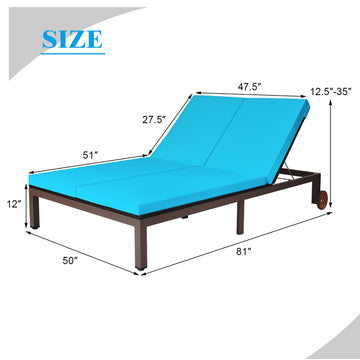 Costway 2-Person Patio Rattan Lounge Chair Chaise Adjustable Cushion Turquoise