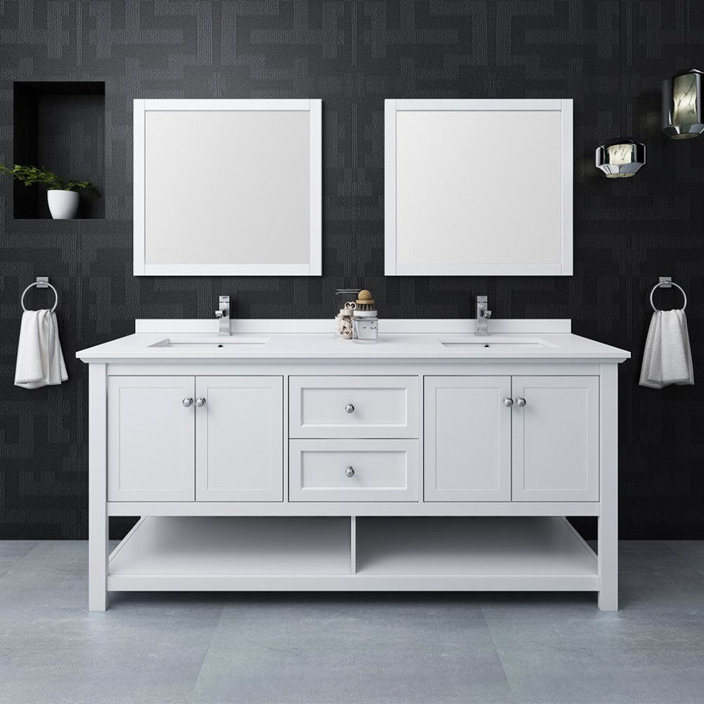 Manchester 72" White Double Sink Bathroom Vanity Set, Faucet-Fft9161bn