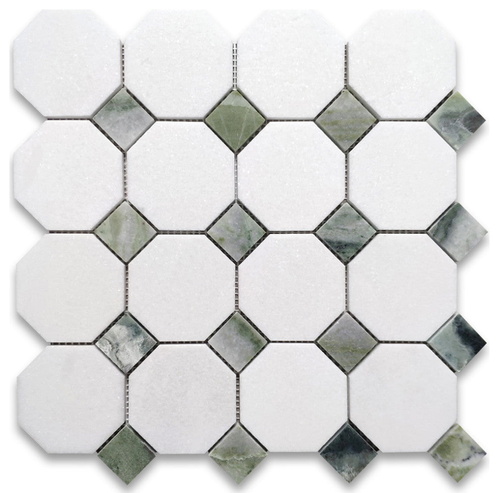 Thassos White Marble Octagon Mosaic Tile Sagano Green Dots Honed, 1 sheet