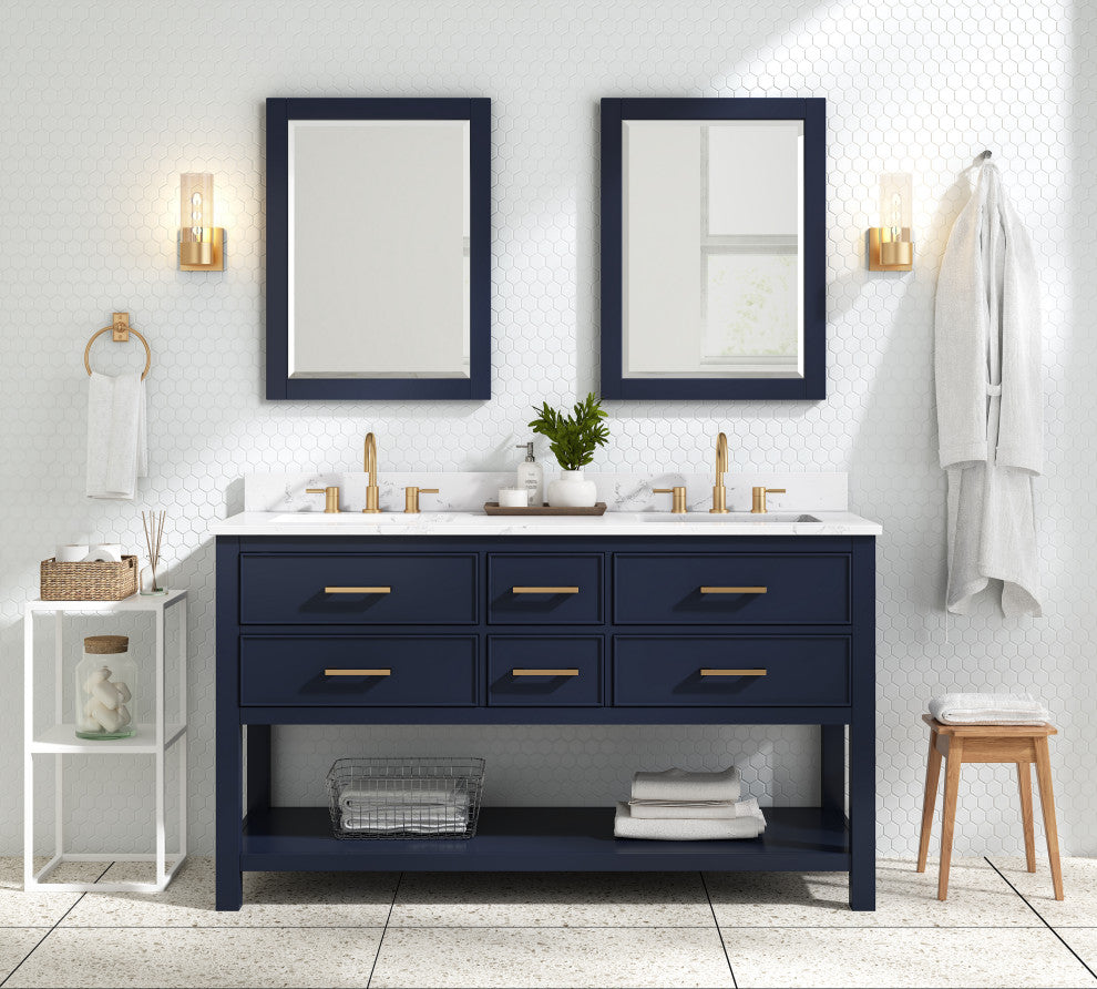 Avanity Brooks 60" Double Vanity, Navy Blue and Cala White Engineered Top