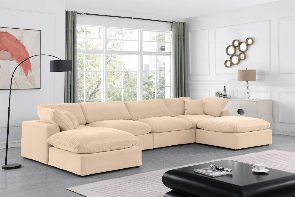 Comfy Upholstered U-Shaped Modular Sectional, Beige, 6-Piece: 2 Armless Chair, 2 Corner Chair, 2 Ottoman, Velvet
