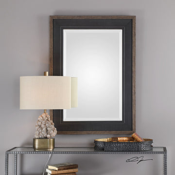 Rustic Black Bronze Classic Pine Wood Wall Mirror, 42" Vanity Textured Mesh