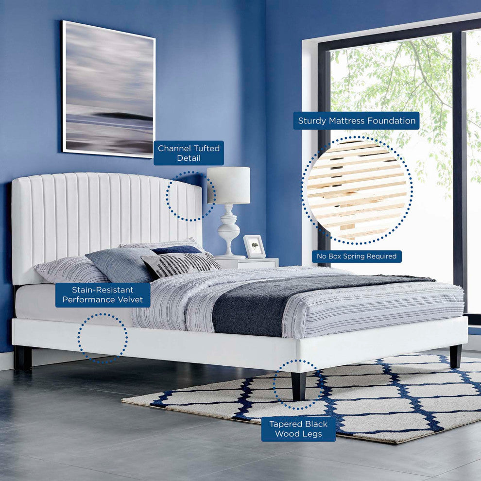 Platform Bed Frame, King Size, White, Velvet, Modern, Bedroom Guest Suite