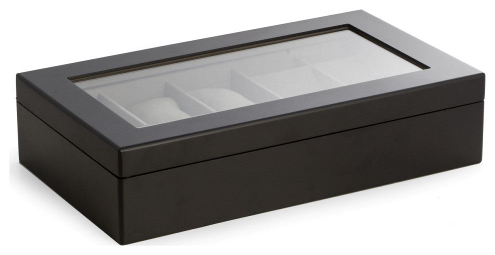 Matte Black Wood Watch Storage Box, 6 Watches, 4 Pockets