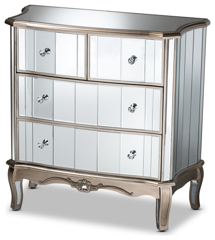 Elgin Brushed Silver Finished Wood and Mirrored Glass 4-Drawer Cabinet