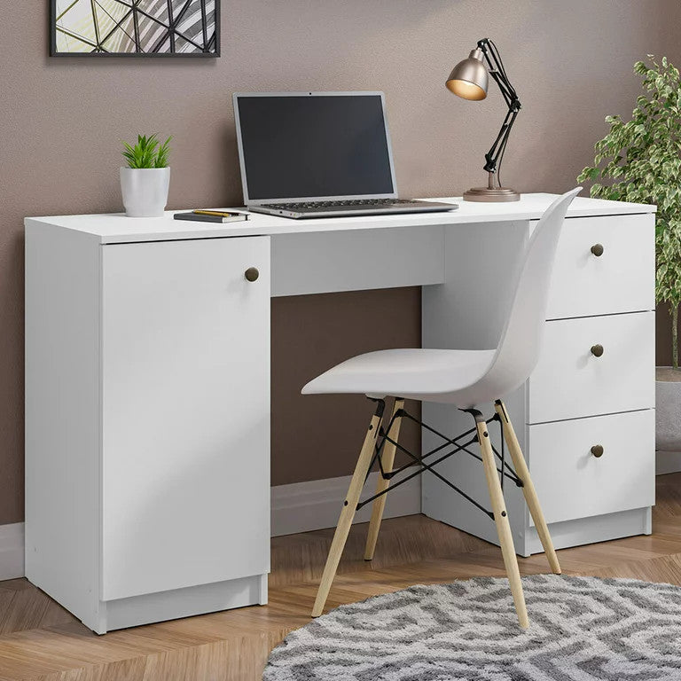 Modern Desk, Spacious Rectangular Top With Drawers & Single Door Cabinet, White
