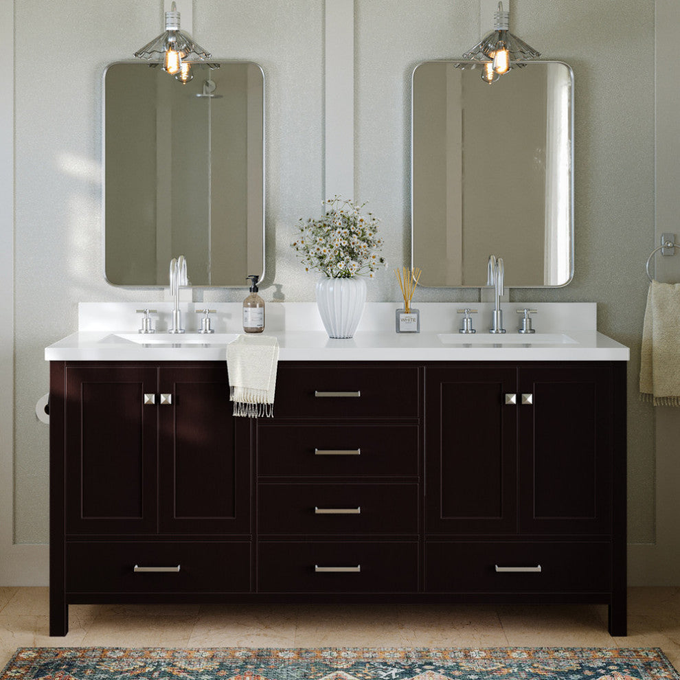 ARIEL Cambridge 73" Double Rectangle Sink Espresso Vanity Quartz Top, No Mirror