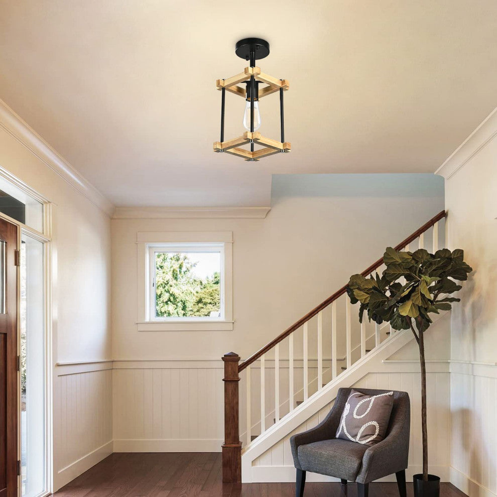 Semi Flush Mount Pendant Light Fixture, Wood