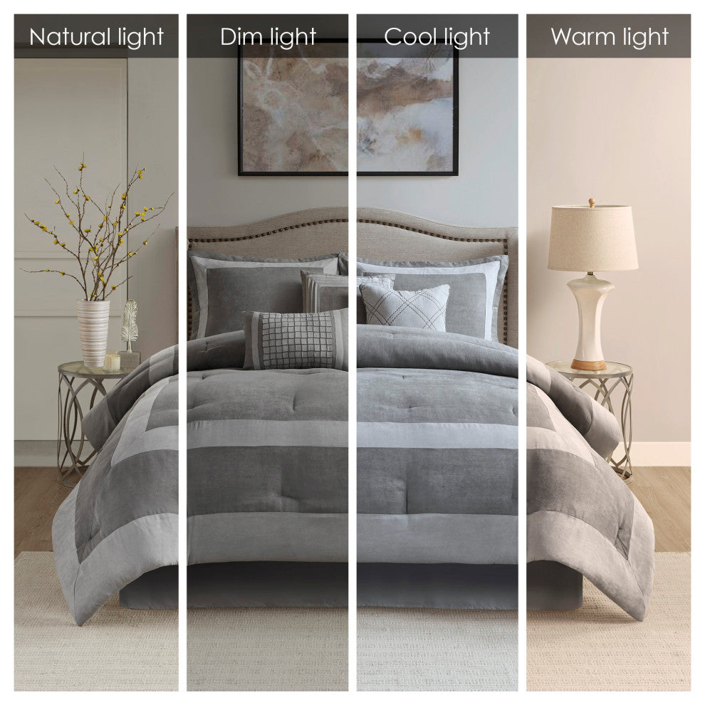 Madison Park Dax Microsuede Colorblock 7-Piece Comforter Set, Grey, King