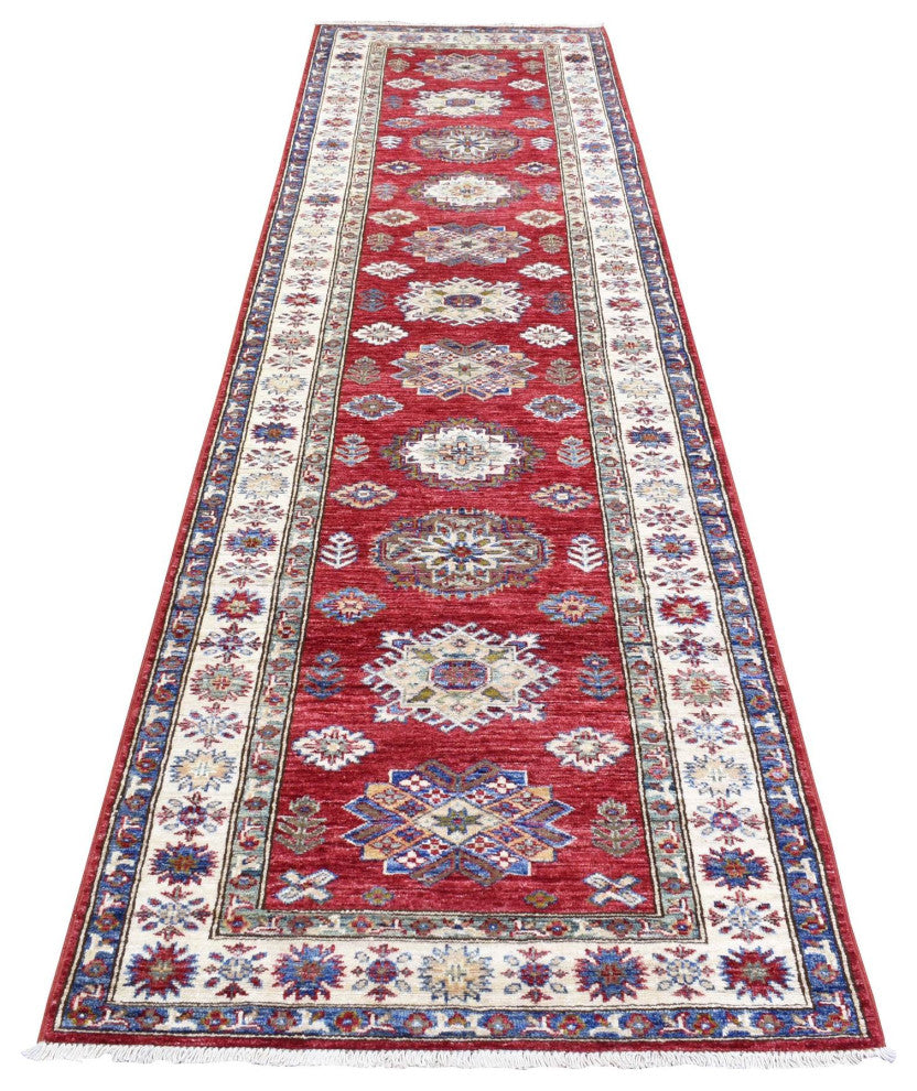 Rich Red Hand Knotted Kazak With Geometric Medallions Wool Runner Rug, 3'1"x11'