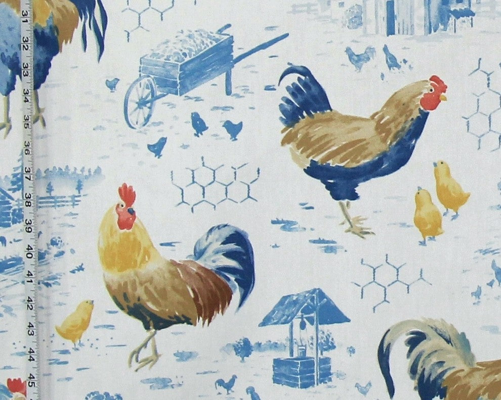 Blue chicken rooster toile fabric  farmhouse decorating , Standard Cut