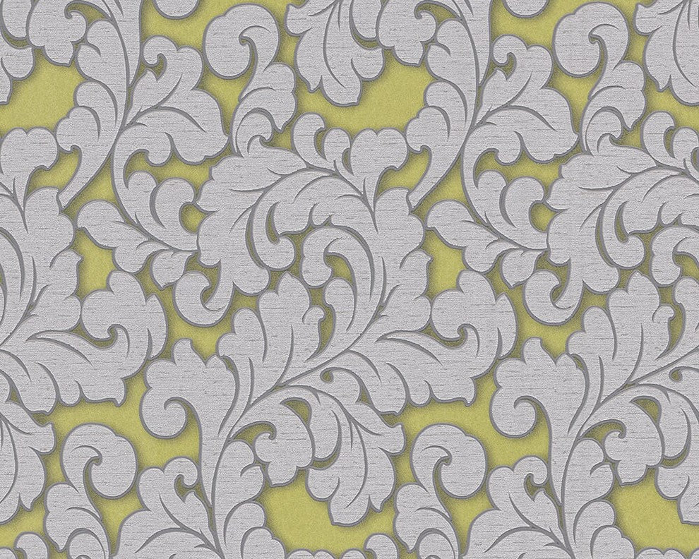 Flock 4, Glamour Baroque Striped Gloss Embossed White and Green Wallpaper Roll