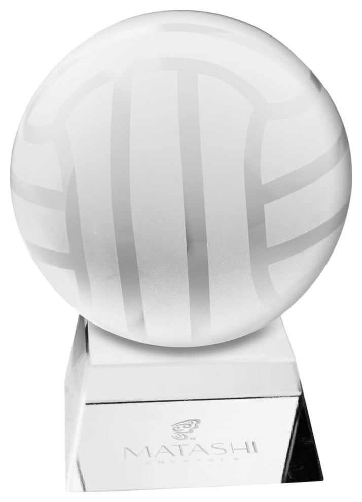 Crystal Paperweight with Etched Volley Ball Ornament and Trapezoid Base