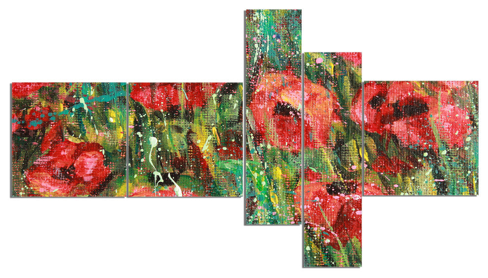 Red Poppies Watercolor Drawing, Extra Large Floral Wall Art, 60"x32", 5 panels