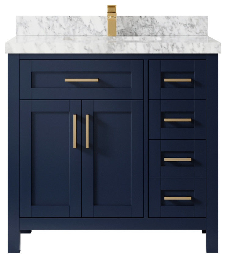 Cambridge 36 Center Sink Bath Vanity in Hale Navy Blue 2" Carrara Marble