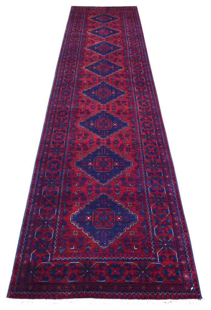 Deep and Saturated Red, Hand Knotted Afghan Khamyab Pure Wool Rug, 2'8"x12'6"
