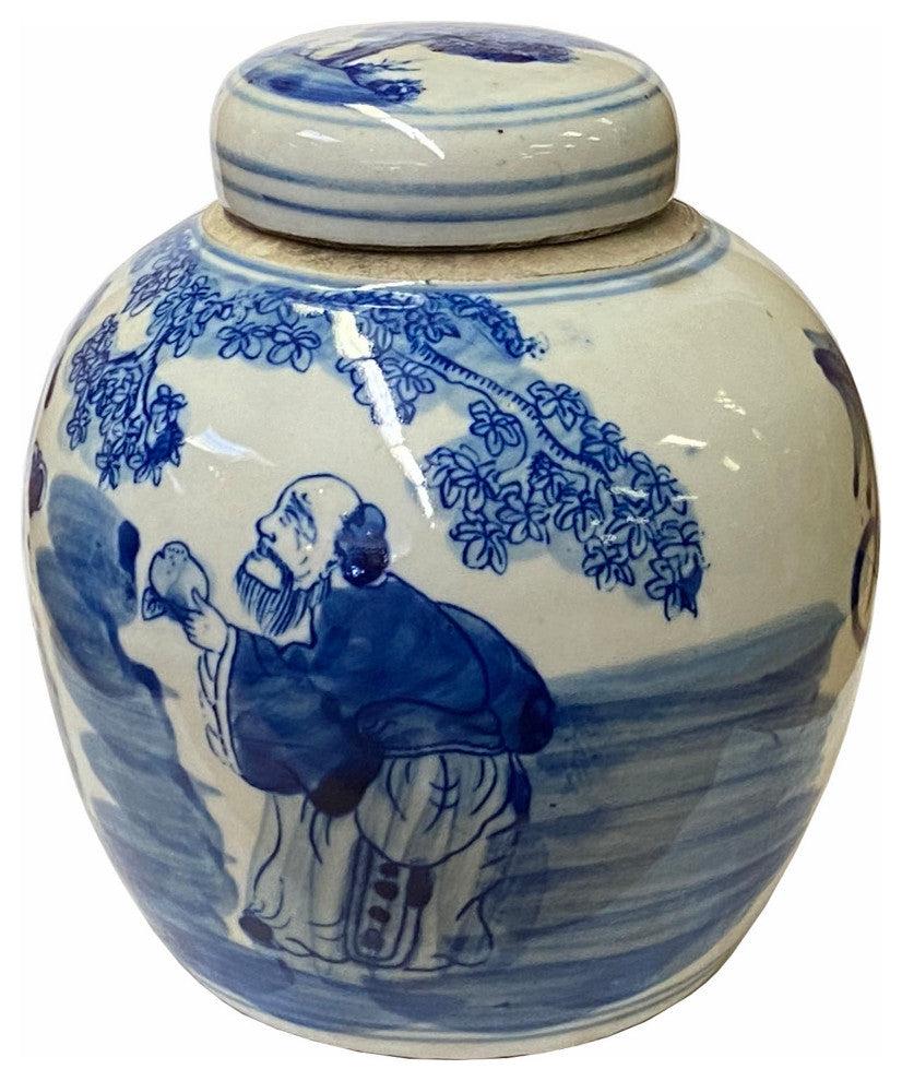 Chinese Oriental Small Blue White Porcelain 3 Gods Theme Ginger Jar Hws1860