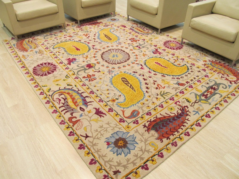EORC Hand-tufted Wool Ivory Transitional Floral Paisley Rug, Rectangular
