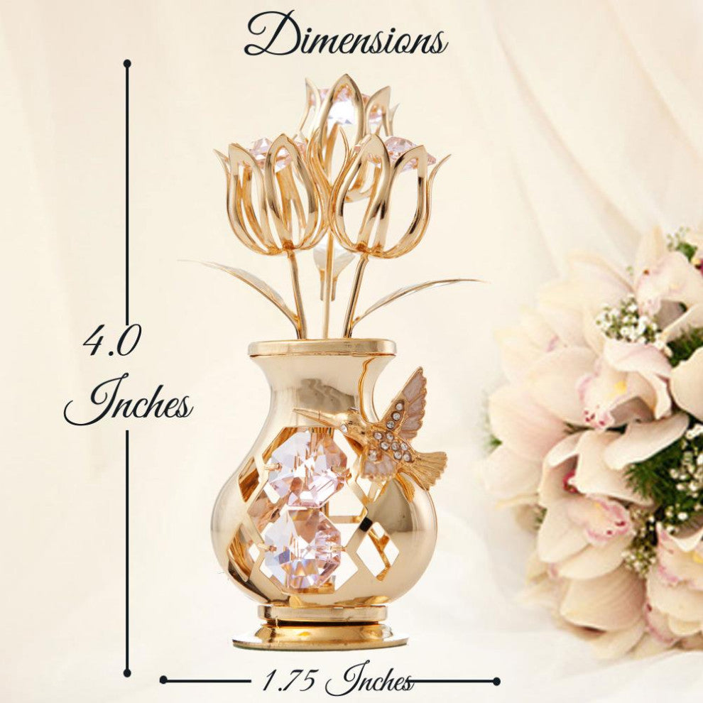 24K Gold Plated Crystal Studded Flower With Hummingbird Ornament, Pink Crystals