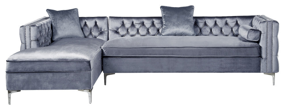 Jeannie Velvet Tufted With Nailhead Trim Sectional, Gray, Left Facing Chaise