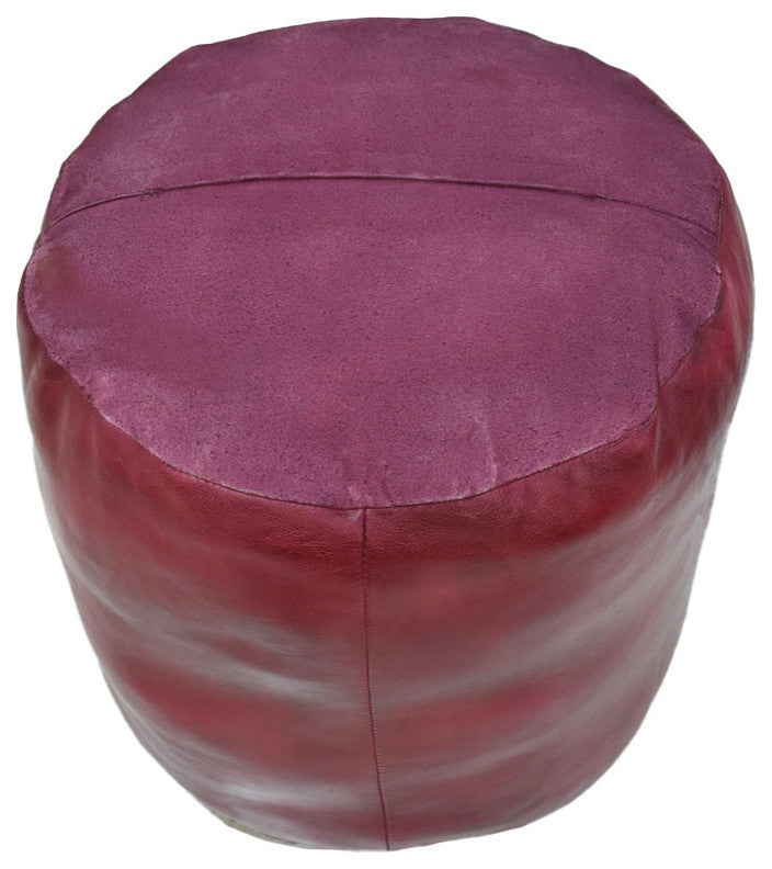 Pouf-Solid Handmade Leather Pouf (Recycled Foam with Fiber Fill), Dark Pink, {Round}16x16x16