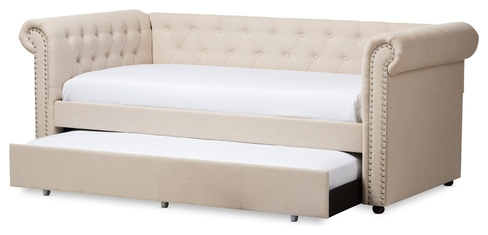 Modern And Contemporary Grrey Fabric Trundle Daybed, Beige, Twin