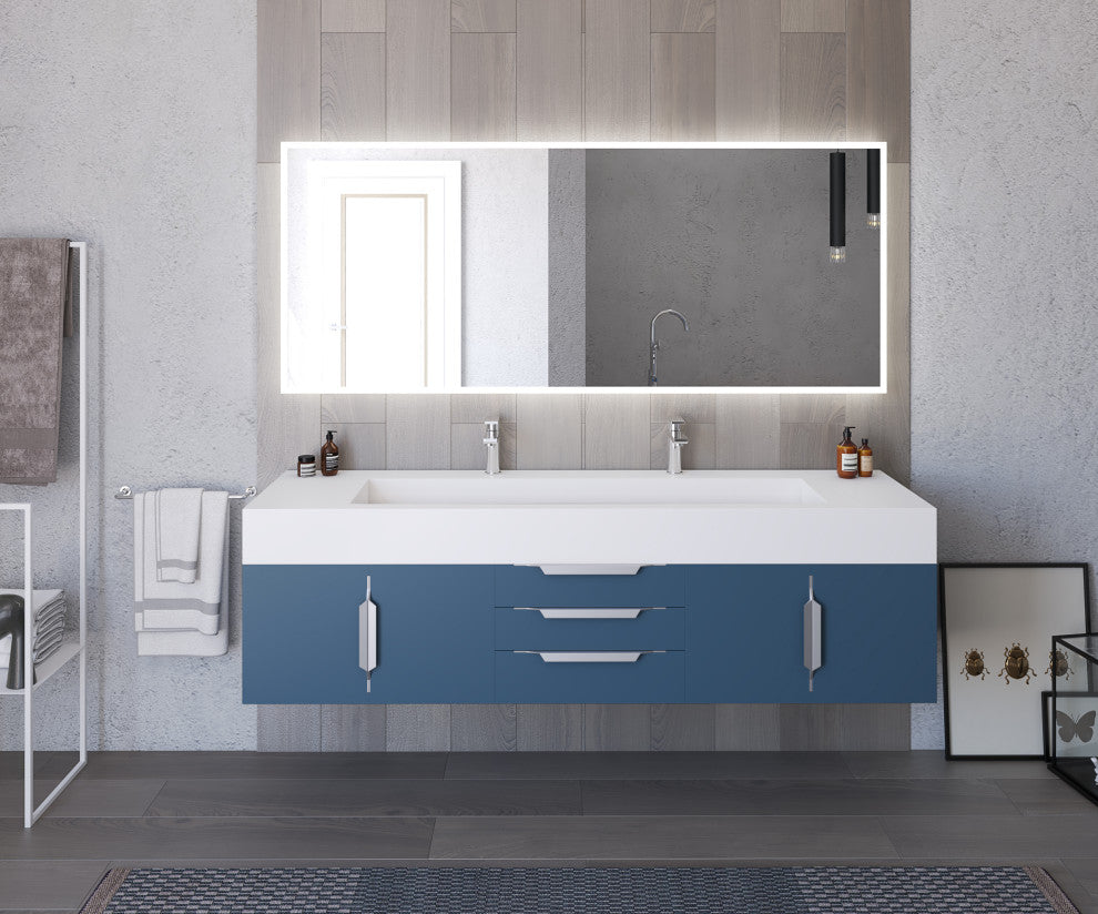 CastelloUSA Alpine 72" Wall Mounted Vanity, Base Only, Blue, Chrome Handles