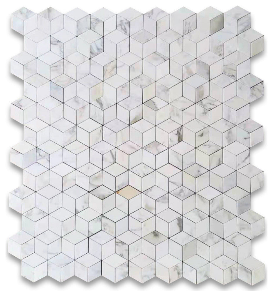 Calacatta Gold Marble Illusion 3D Cube Rhombus Diamond Hex Tile Honed, 1 sheet