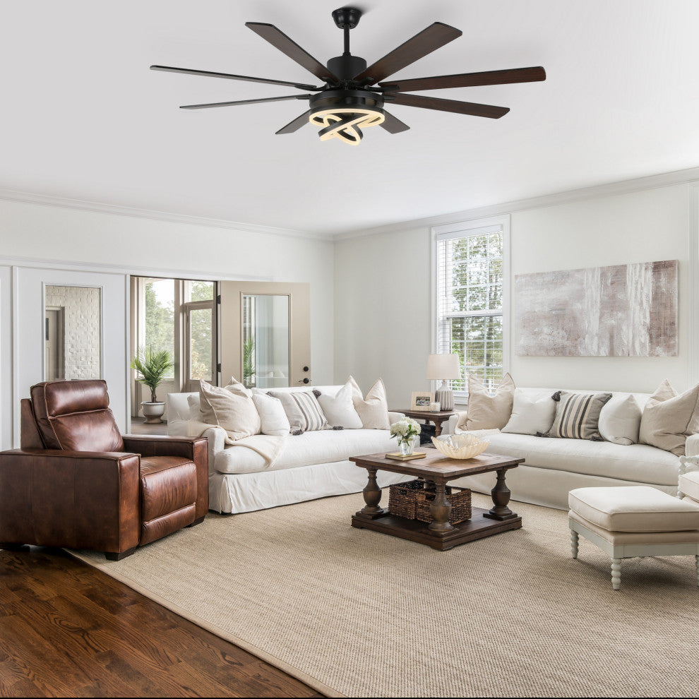 72" Modern 8 Wood Blades Large Ceiling Fan w LED Light, Black
